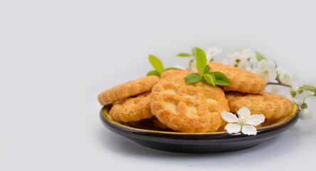 waffle, cherry blossoms on a light background