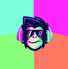 Cool monkey with glasses and headphones. Vector art. Monkey design. Colorful background.
