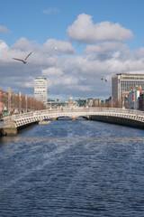 Fototapeta premium Die Ha'Penny Bridge ist wohl eines der bedeutendsten Wahrzeichen Dublins. Sie überspannt den Fluss Liffey und verbindet den alten Stadtteil Temple Bar