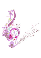 Abstract treble clef  decorated with spring and summer flowers, musical notes and waves. Hand drawn vector illustration.