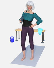 Susan is an on-the-go white-haired woman standing on an isolated white background. She is a 3D illustrated character model render. 