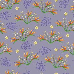 Fototapeta na wymiar Tropical floral colorful seamless pattern with beautiful strelitzia flowers vector