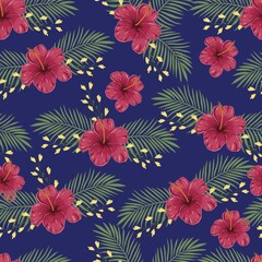 Seamless pattern floral summer background with tropical flowers and palm leaves. Vector textures on a purple background