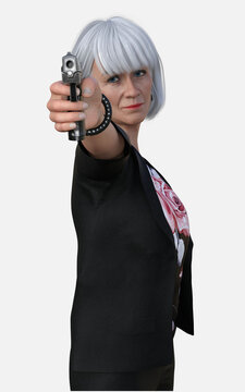 Susan is an on-the-go white-haired woman standing on an isolated white background. She is a 3D illustrated character model render. 