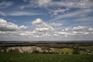 English landscape with sunshine, blue sky and coulds