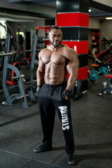 Fototapeta na wymiar Bodybuilder training hard in gym. Strong muscular man with naked torso.