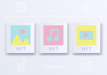 NFT or non fungible token. Concept blockchain technology illustration. NFT marketplace concept. Cryptoart and Collectibles exchanging technology network virtual blockchain marketplace concept