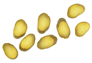 Fresh pickled cucumber slices isolated on a white background, top view.