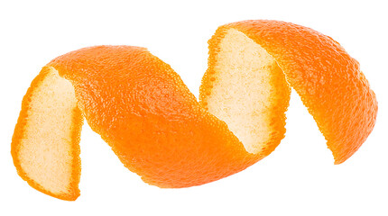 Spiral of fresh orange peel isolated on a white background. Citrus zest.