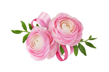 Pink ranunculus flowers and silk ribbon bow in a beautiful floral arrangement isolated