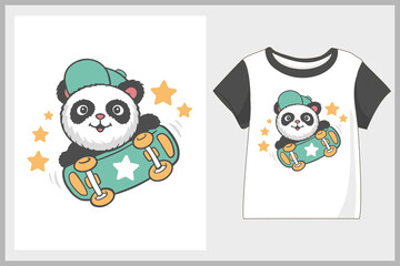 Cute panda cartoon t-shirt design playing skateboard