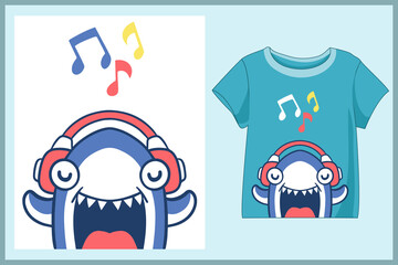 Shark cartoon t-shirt design singing and listening to earphones  
