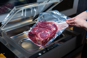 vacuum cleaner and vacuum packaging of meat products - obrazy, fototapety, plakaty