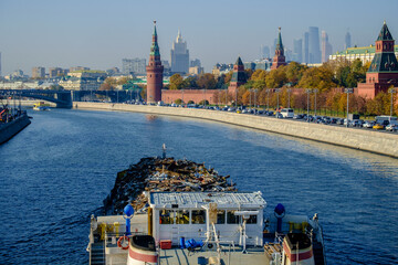 Russia, Moscow, self-propelled cargo barge on the Moscow River.