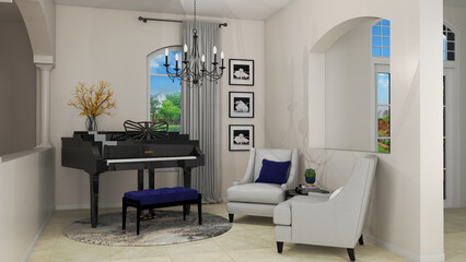 Scene with a yellow flowers vase on a black piano next to two armchairs under a black chandelier