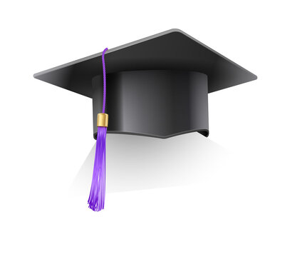 Vector realistic mortar hat. Law student graduation cap with purple tassel. Black hat at graduation at the university. Symbol of academic education, higher university bachelor headdress.