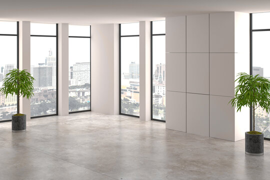 3D rendering . Empty office interior room with window and plant pot . 