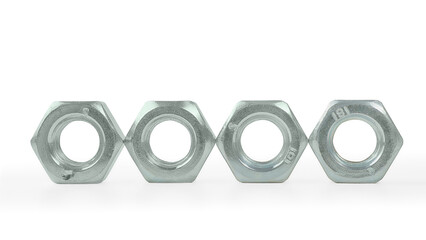 Four hexagonal nuts lined up in a row isolated on white with copy space