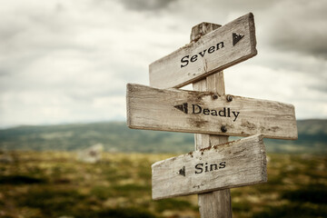 seven deadly sins text quote written in wooden signpost outdoors in nature. Moody theme feeling. - obrazy, fototapety, plakaty