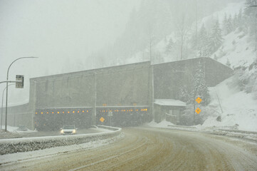 snow storm on the Coquihalla highway in British Columbia showing the famous snow sheds for protection on avalanche 