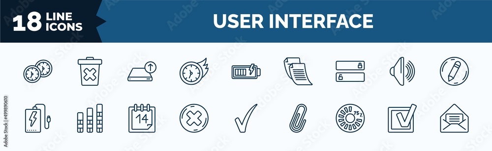 Poster set of user interface web icons in outline style. thin line icons such as hours, past, slide to unlo