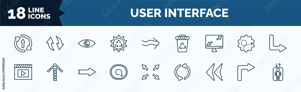 Poster set of user interface web icons in outline style. thin line icons such as updating arrow, solar recy