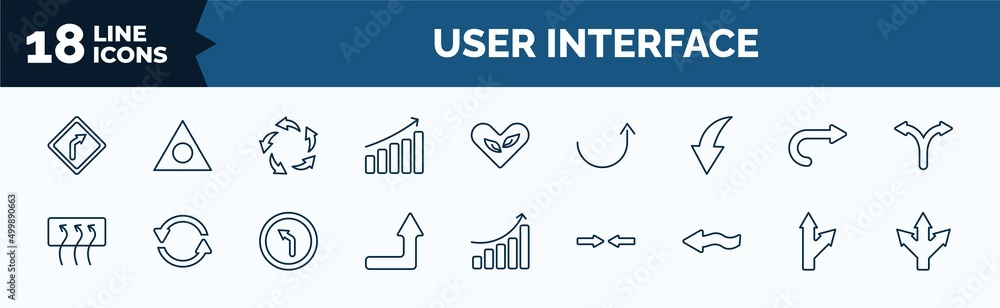 Poster set of user interface web icons in outline style. thin line icons such as right curve, evolution, cu