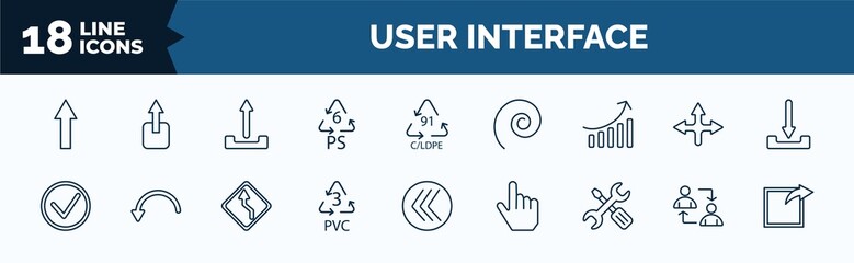 set of user interface web icons in outline style. thin line icons such as pointing up arrow, 6 ps, arrow heading up, right, 3 pvc, mechanic tool, exchange personel, export arrow vector. - obrazy, fototapety, plakaty