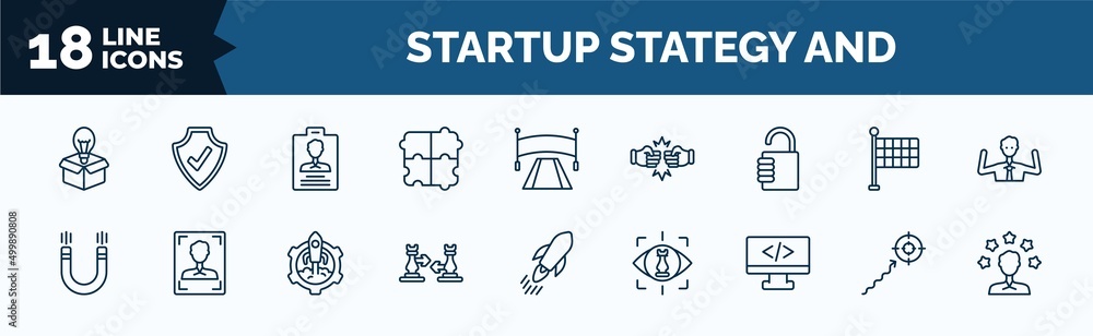 Aufkleber set of startup stategy and web icons in outline style. thin line icons such as new product, jigsaw, 