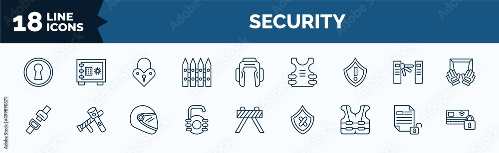 Poster set of security web icons in outline style. thin line icons such as keyhole, picket, security warnin