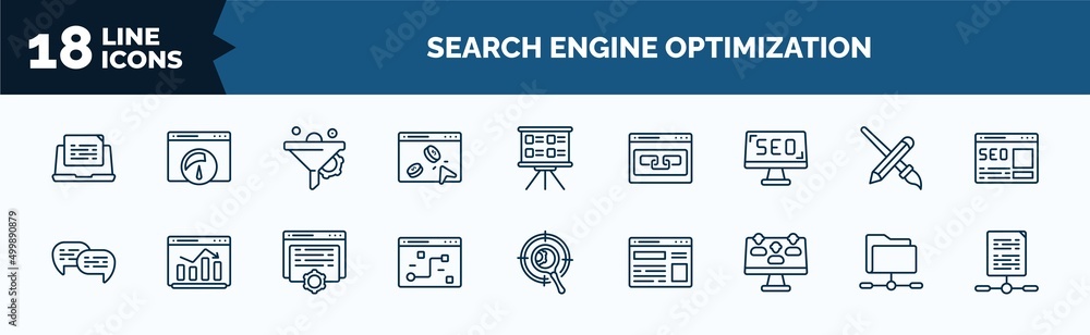 Poster set of search engine optimization web icons in outline style. thin line icons such as blogging, pay 