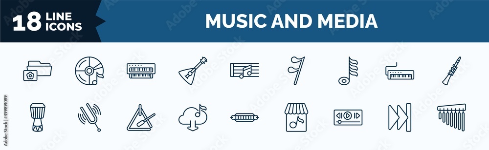 Poster set of music and media web icons in outline style. thin line icons such as image archive, balalaika,