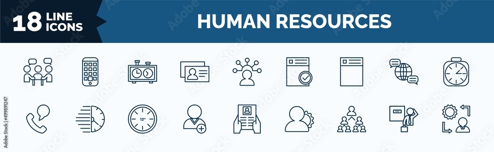 Poster set of human resources web icons in outline style. thin line icons such as teamwork, personal profil