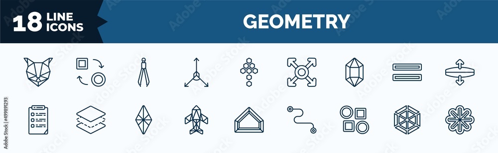 Poster set of geometry web icons in outline style. thin line icons such as polygonal cat, axis, polygonal j