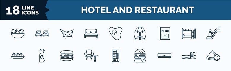 set of hotel and restaurant web icons in outline style. thin line icons such as vegetarian, double bed, menu, dim sum, lounge, air conditioner, pool, reservation vector.