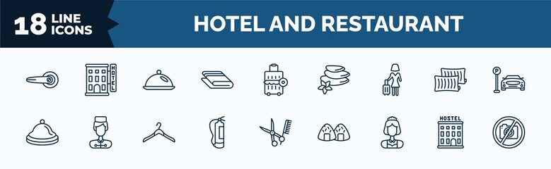 set of hotel and restaurant web icons in outline style. thin line icons such as doorknob, towels, guest, reception bell, fire extinguisher, servant, hostel, no pictures vector.