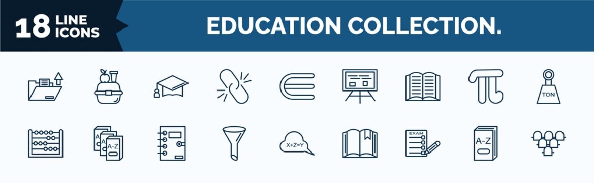 set of education collection. web icons in outline style. thin line icons such as open file, binding, reading book, abcus, chemistry funnel, exams, 3d dictionary, grandstand vector.