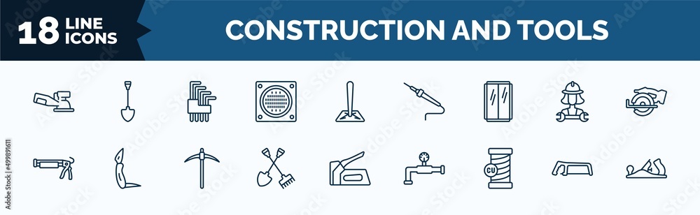 Poster set of construction and tools web icons in outline style. thin line icons such as sanding hine, drai