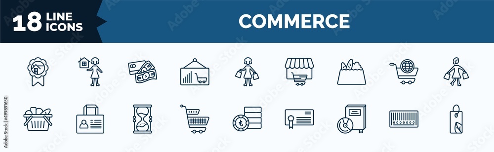 Poster set of commerce web icons in outline style. thin line icons such as house badge, graph frame, grocer
