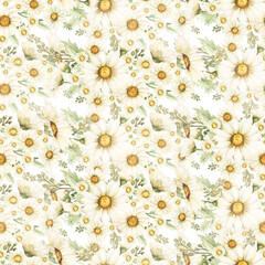 Watercolor hand drawn white daisy flowers seamless pattern, Florals repeat paper, chamomile repeat background. scrapbook paper