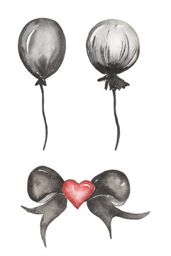Watercolor hand drawn black balloons and baw clipart set, halloween illustration, gothic mystic elements
