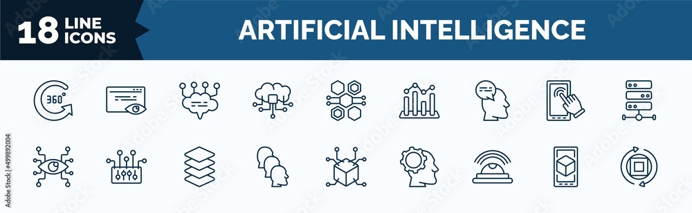 Poster set of artificial intelligence web icons in outline style. thin line icons such as 360 degree, cloud