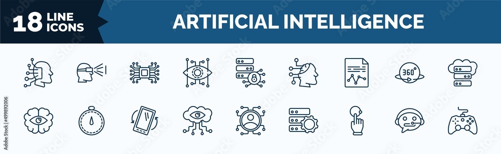 Poster set of artificial intelligence web icons in outline style. thin line icons such as available, bionic