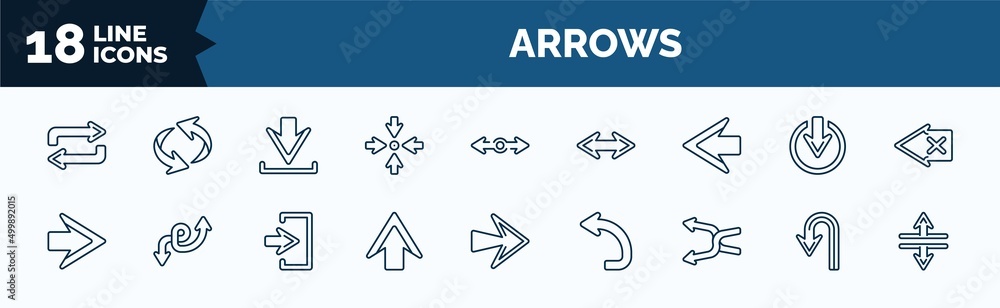 Poster set of arrows web icons in outline style. thin line icons such as counter arrow, focus, left arrow, 