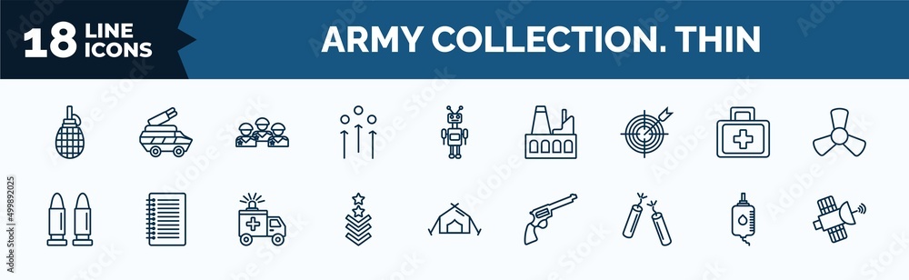 Poster set of army collection. thin web icons in outline style. thin line icons such as grenade, union mili