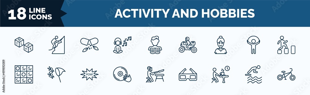 Aufkleber set of activity and hobbies web icons in outline style. thin line icons such as boggle, relaxing, ba