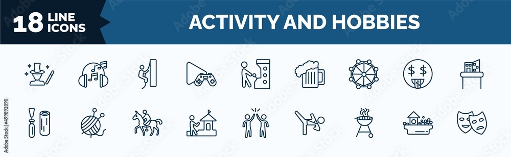 Poster set of activity and hobbies web icons in outline style. thin line icons such as magician, game playi