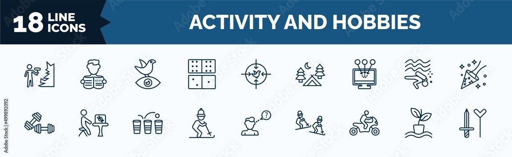 Poster set of activity and hobbies web icons in outline style. thin line icons such as mineral collecting, 