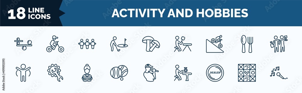 Poster set of activity and hobbies web icons in outline style. thin line icons such as balancing, golf play