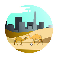 Couple of camel playing footbal in dessert area behind skyscraper in cloudy day flat vector illustration. good for content in order to celebrate football world cup 